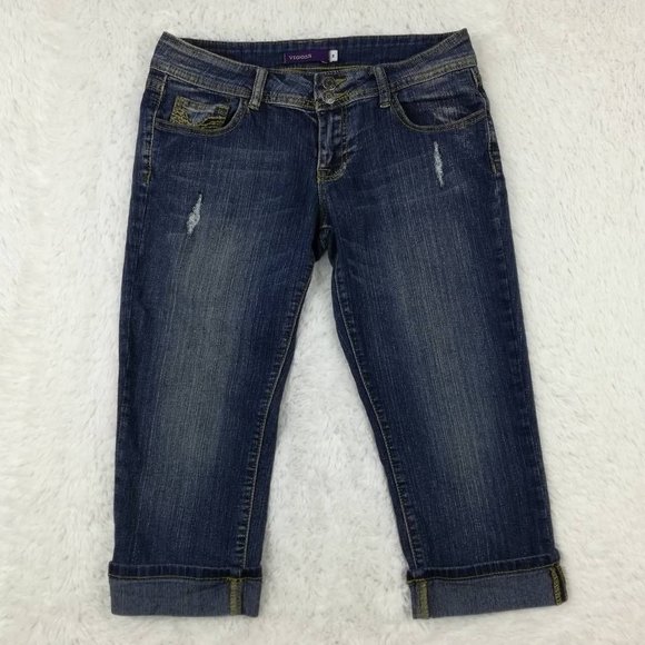 Vigoss Womens Capri Jeans Blue Denim Rips Cuffed Medium Wash Mid Rise Juniors 3‎ - Picture 1 of 8